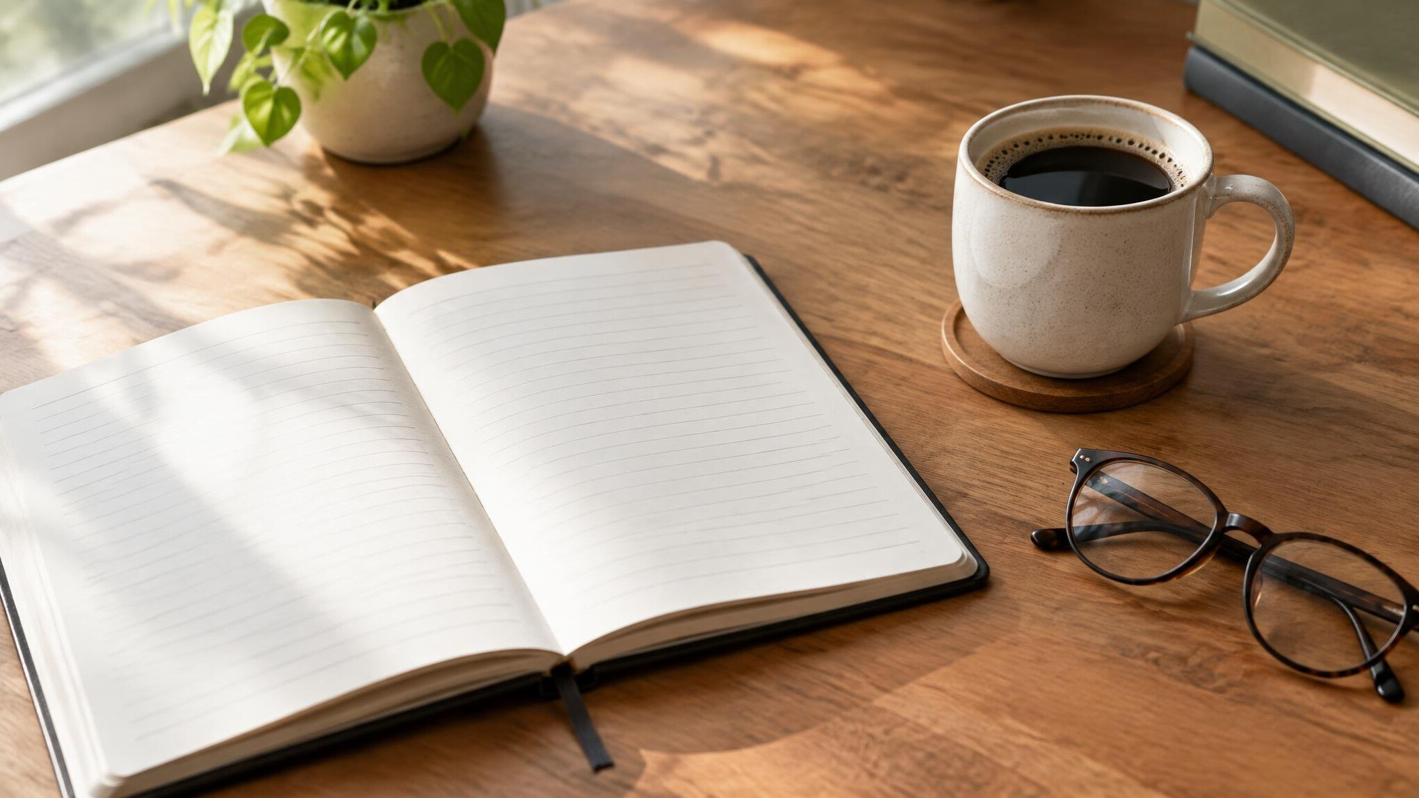 Open notebook and coffee cup on an editorial desk