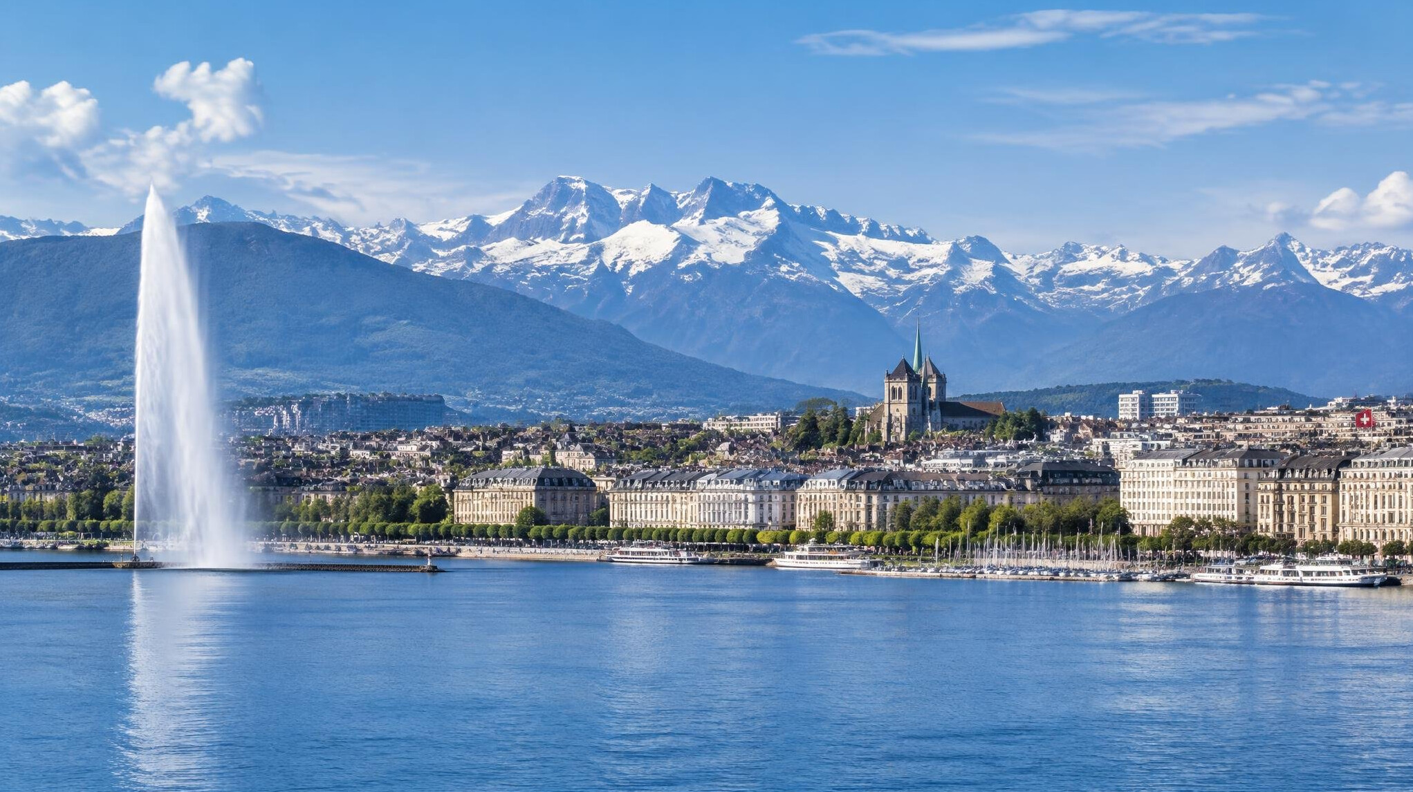 Panoramic view of a Swiss city on the shore of Lake Geneva