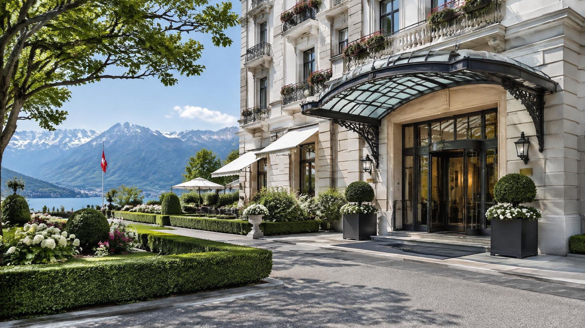 Elegant hotel exterior entrance in Switzerland