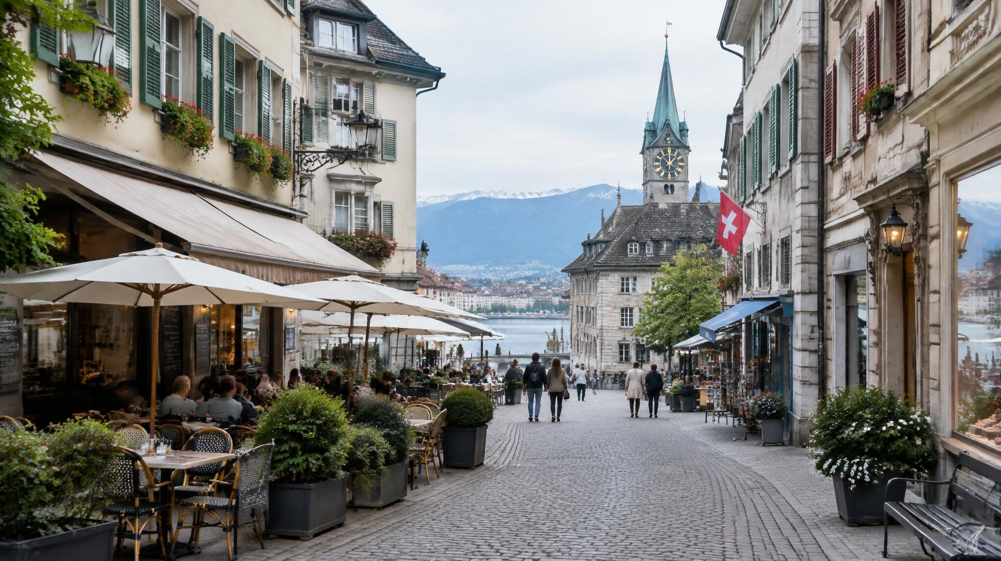 Old town street in a Swiss city with cafes