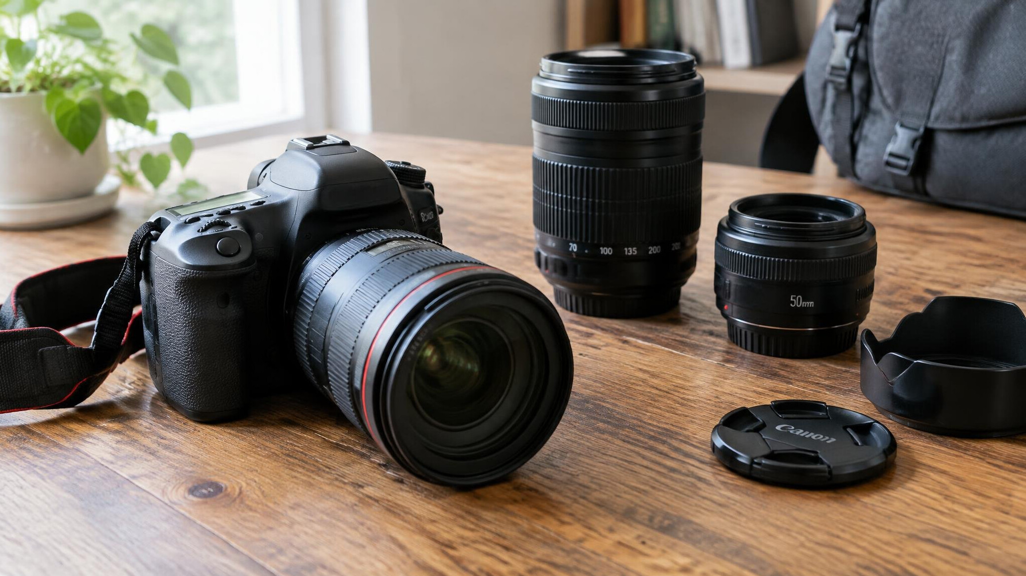 Professional camera and lens on a wooden table