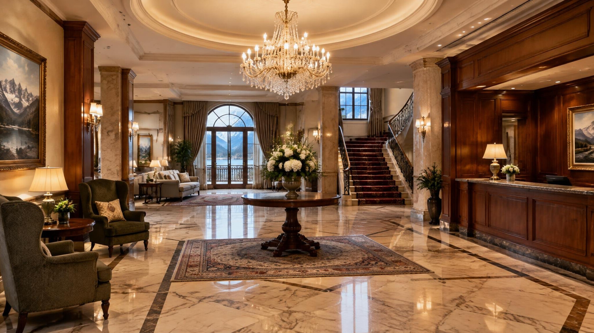 Elegant hotel lobby with marble floor and chandelier