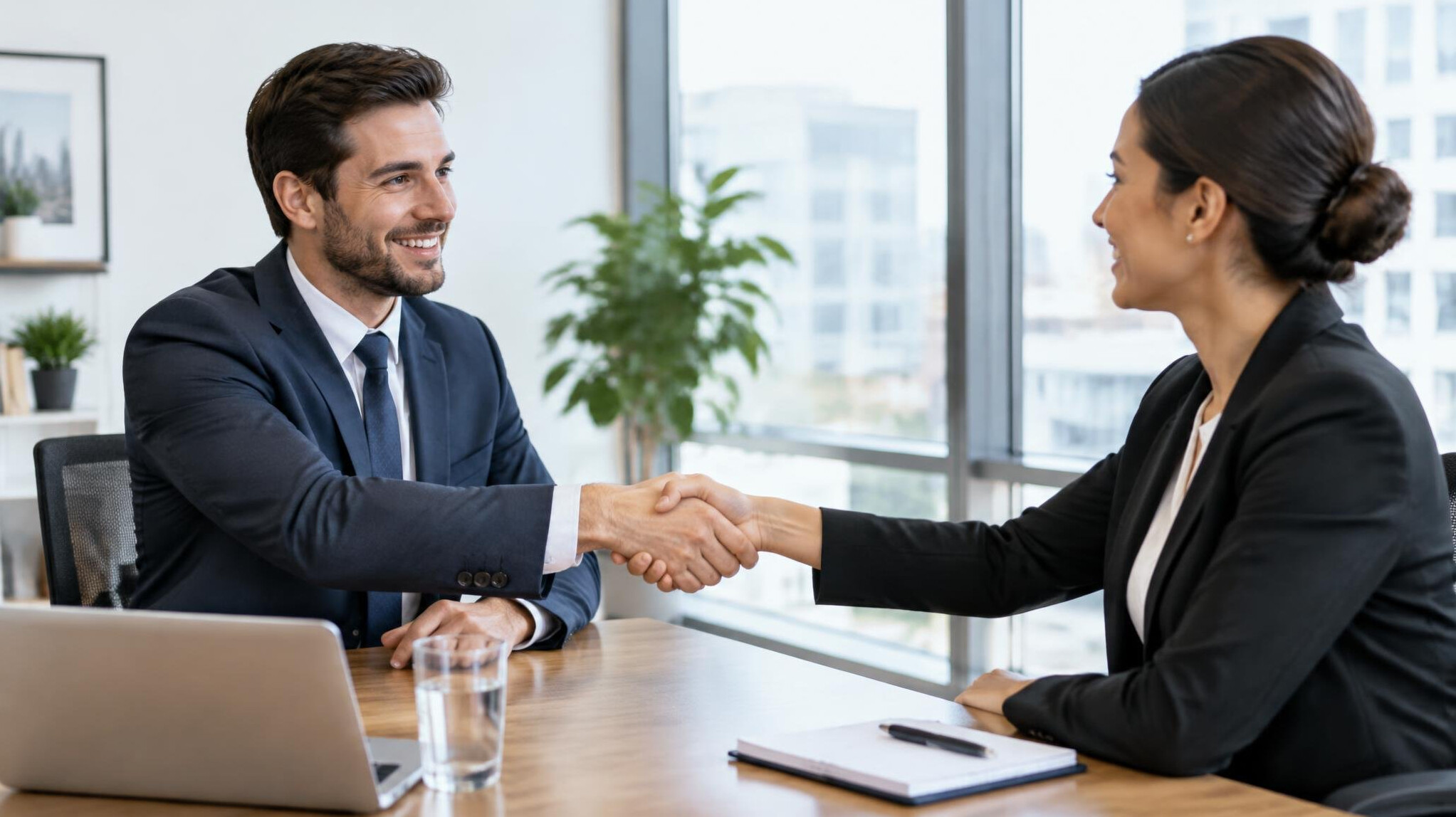 Two professionals shaking hands in an office setting