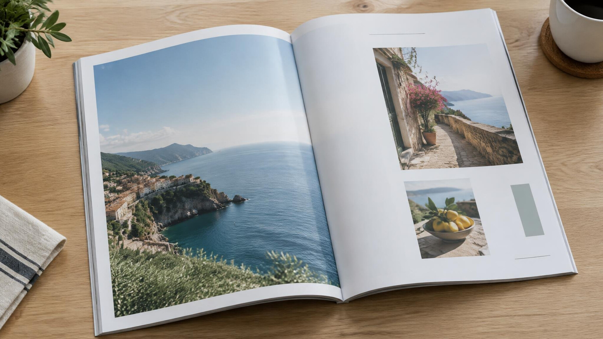 Open magazine spread with printed layout pages