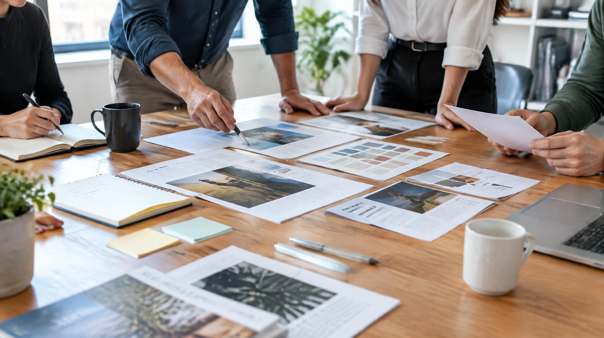 Editorial team reviewing layouts at a wooden table