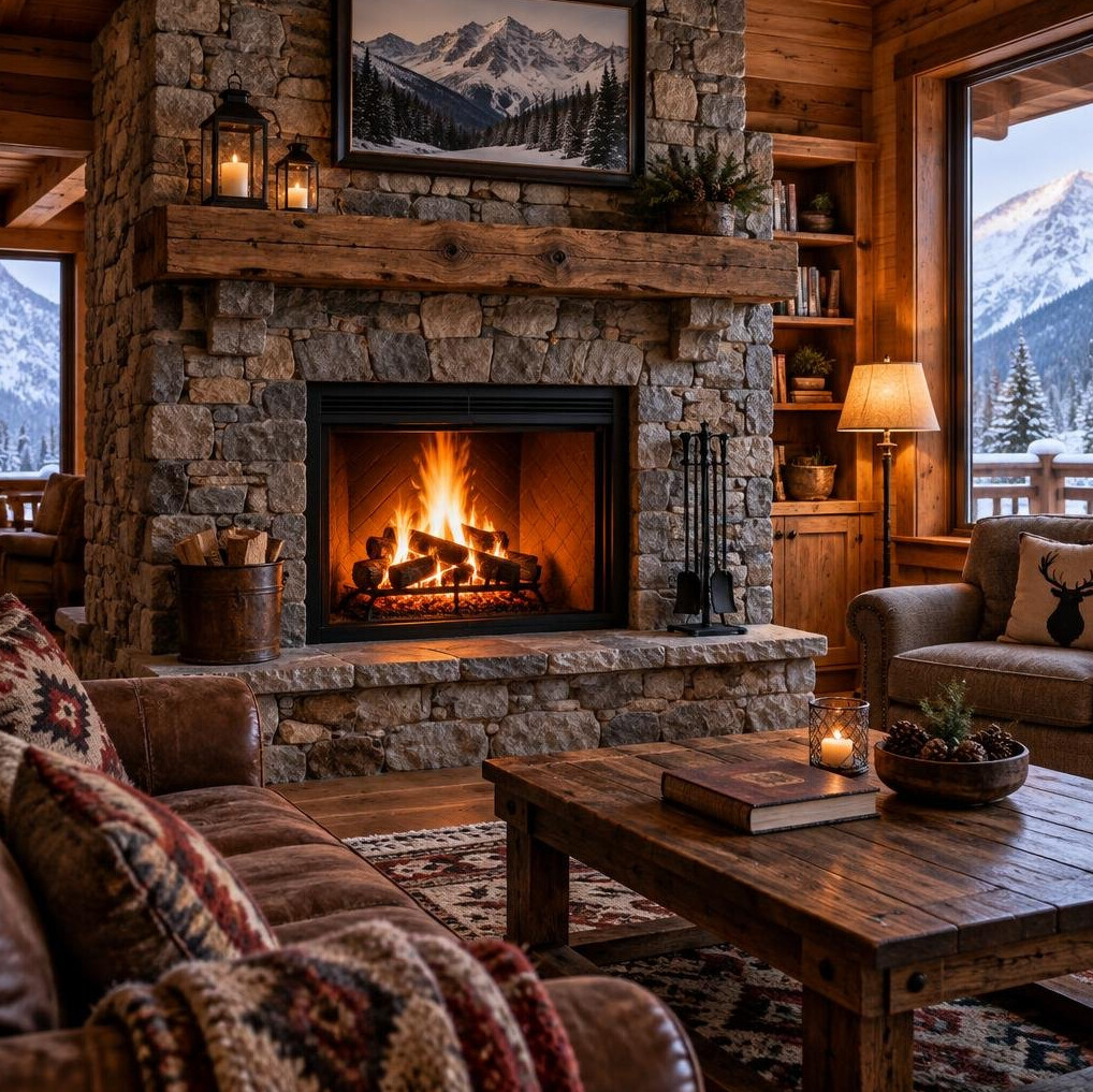 Stone fireplace in a mountain chalet living room