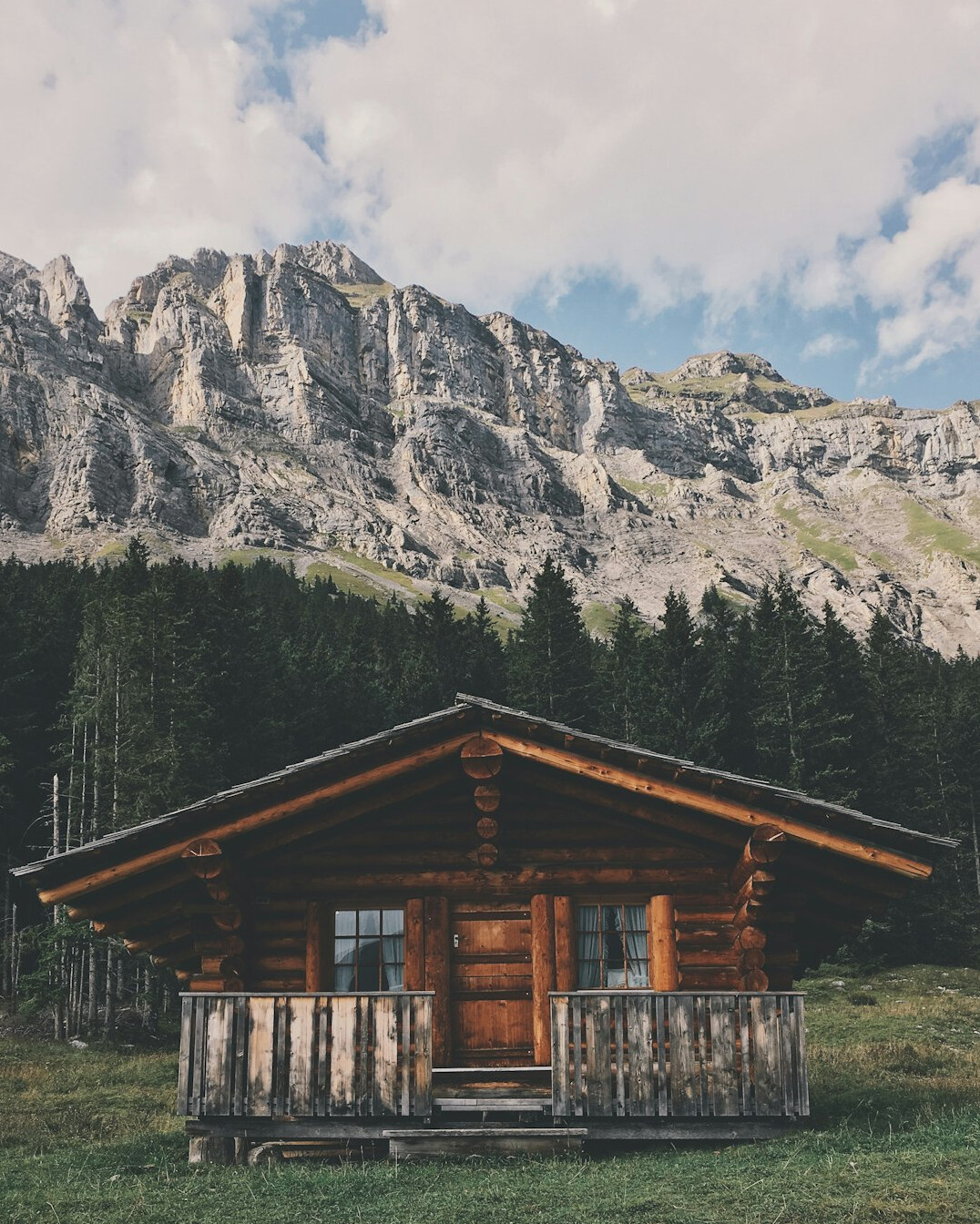 Traditional wooden alpine chalet in the Swiss mountains