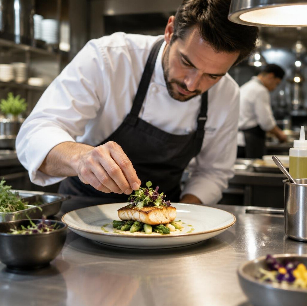Elegant hotel restaurant kitchen with chef preparing a dish